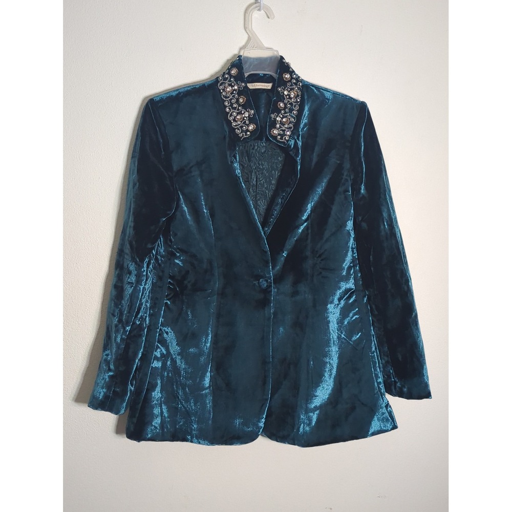 Soft Surroundings Womens Jacket Teal Velvet Rhinestone Blazer Holiday Large